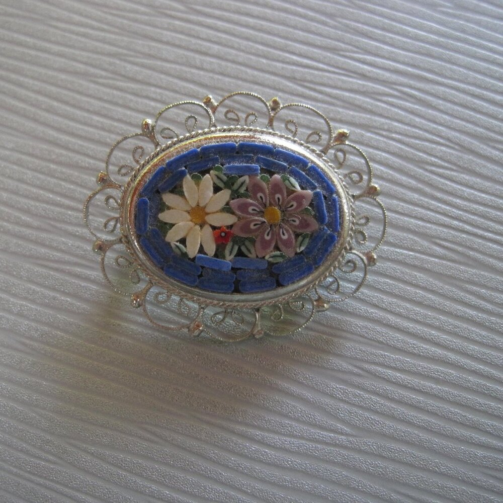 Stunning Vintage Silver Tone w/Blue Tile Micro Mosaic Flower Brooch Italy